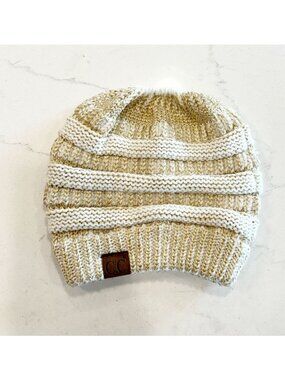 C.C Exclusives Knit High Bun Ponytail Hat in Ivory & Gold Metallic